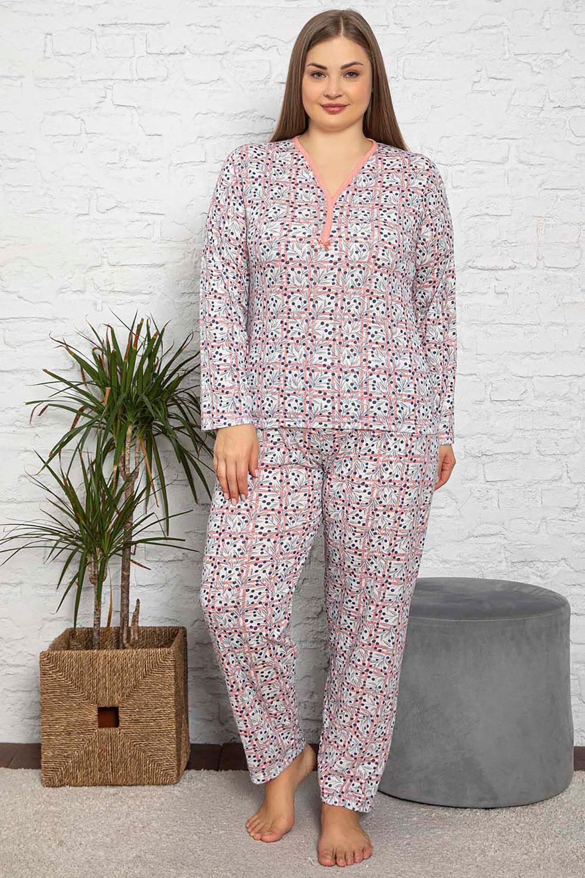 Siyezen Büyük Beden Anne Tarzı Çiçek Baskılı Pamuklu Yavruağzı Pijama Takımı