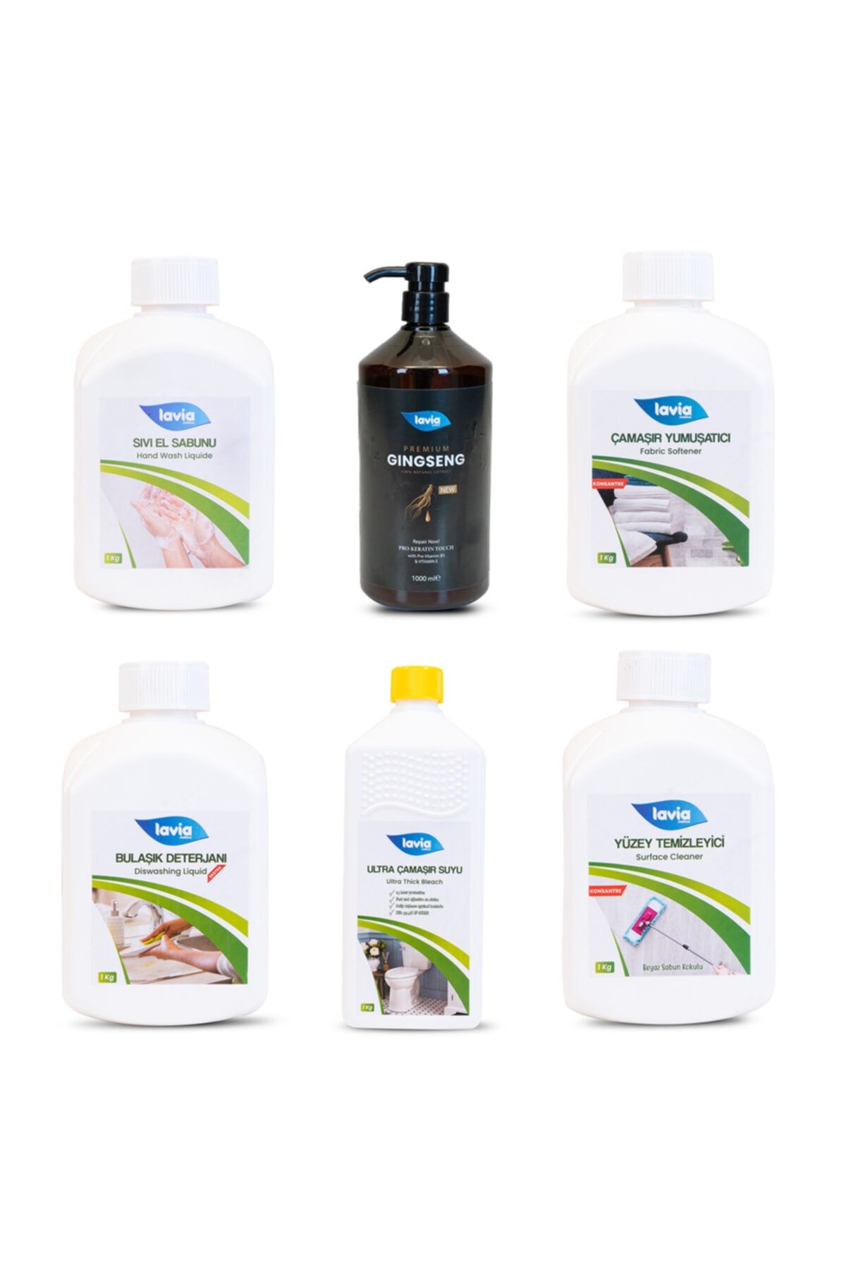 Lavıa Lavia Yumuşatıcı+yüzey Temizleme+bulaşık Deterjanı+sıvı Sabun+çamaşır Suyu+gıngseng Şampuan 6*1 Kg