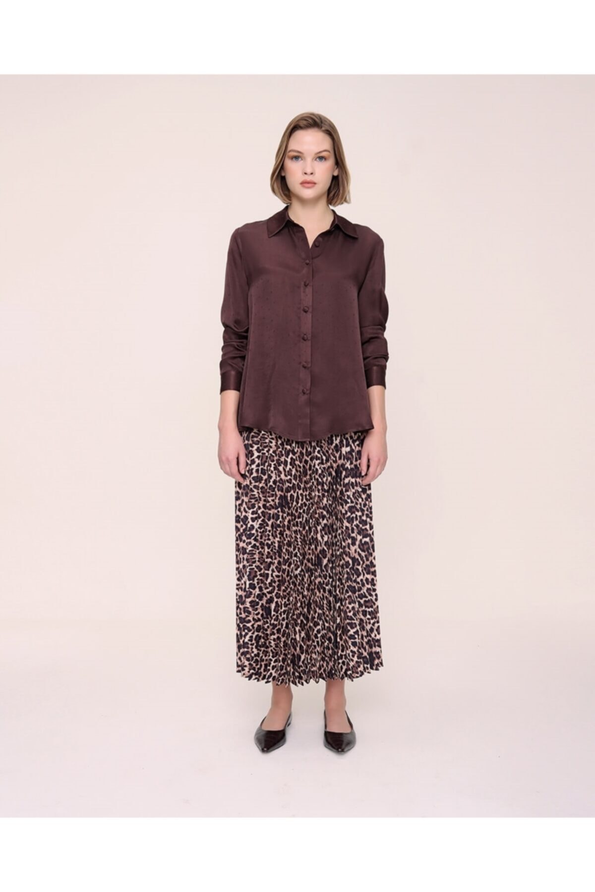 Cloche Kadın Leopar Desenli Piliseli Etek