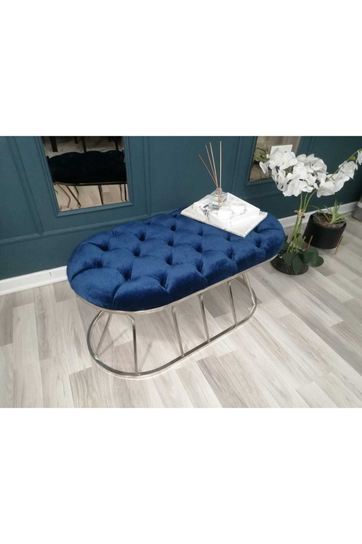 CADEN DECOR Elegance Puf Mavi / Krom Ayak