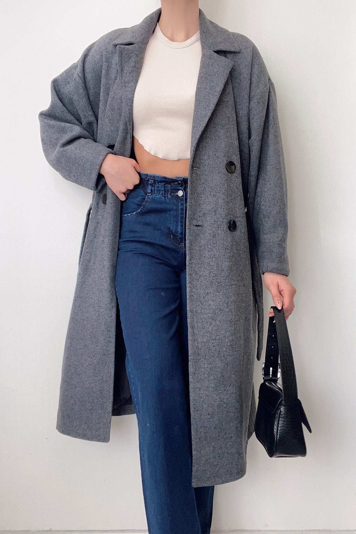 ANONCE STUDIO Kaşe Maxi Palazzo Oversize Kruvaze Kaban Gri