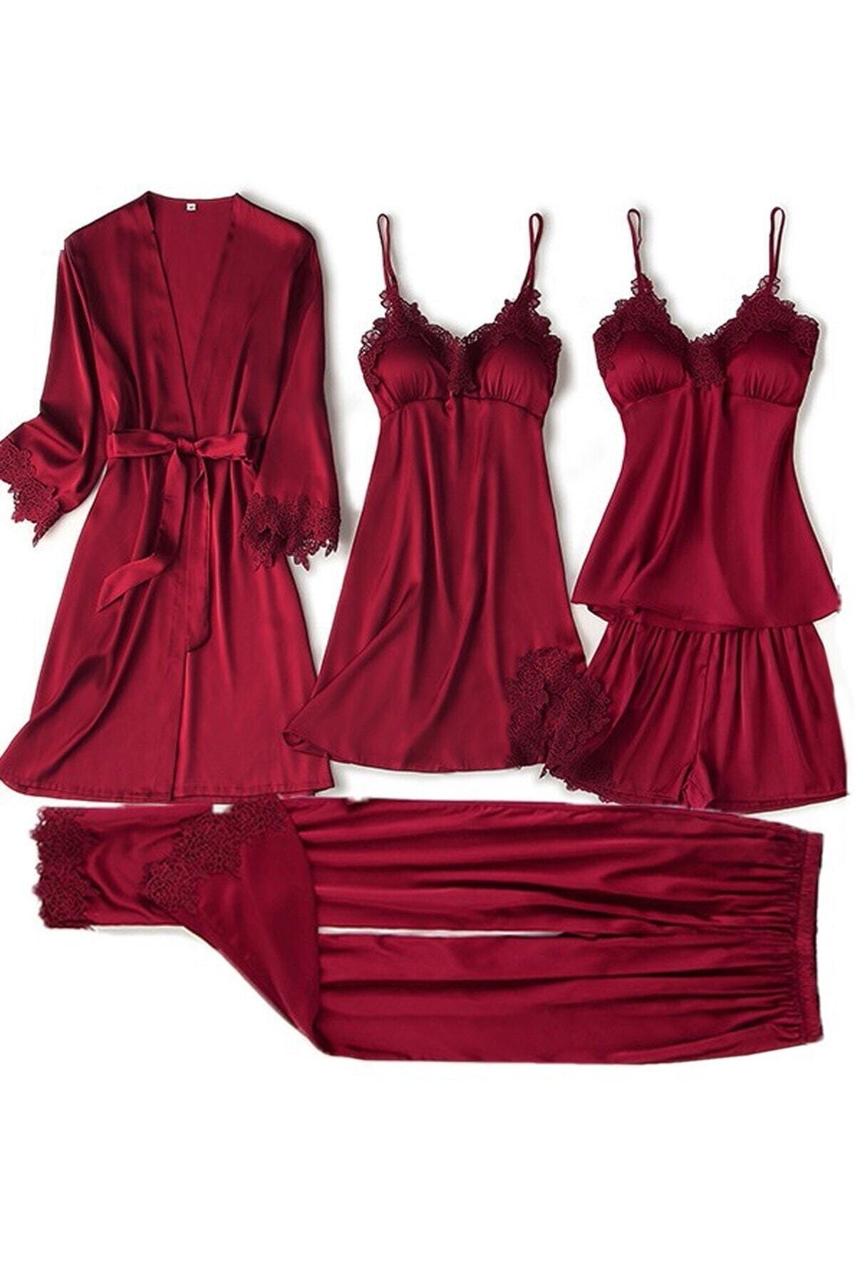 Pembishomewear Violet Monaco Saten 5 Li Set Güpürlü