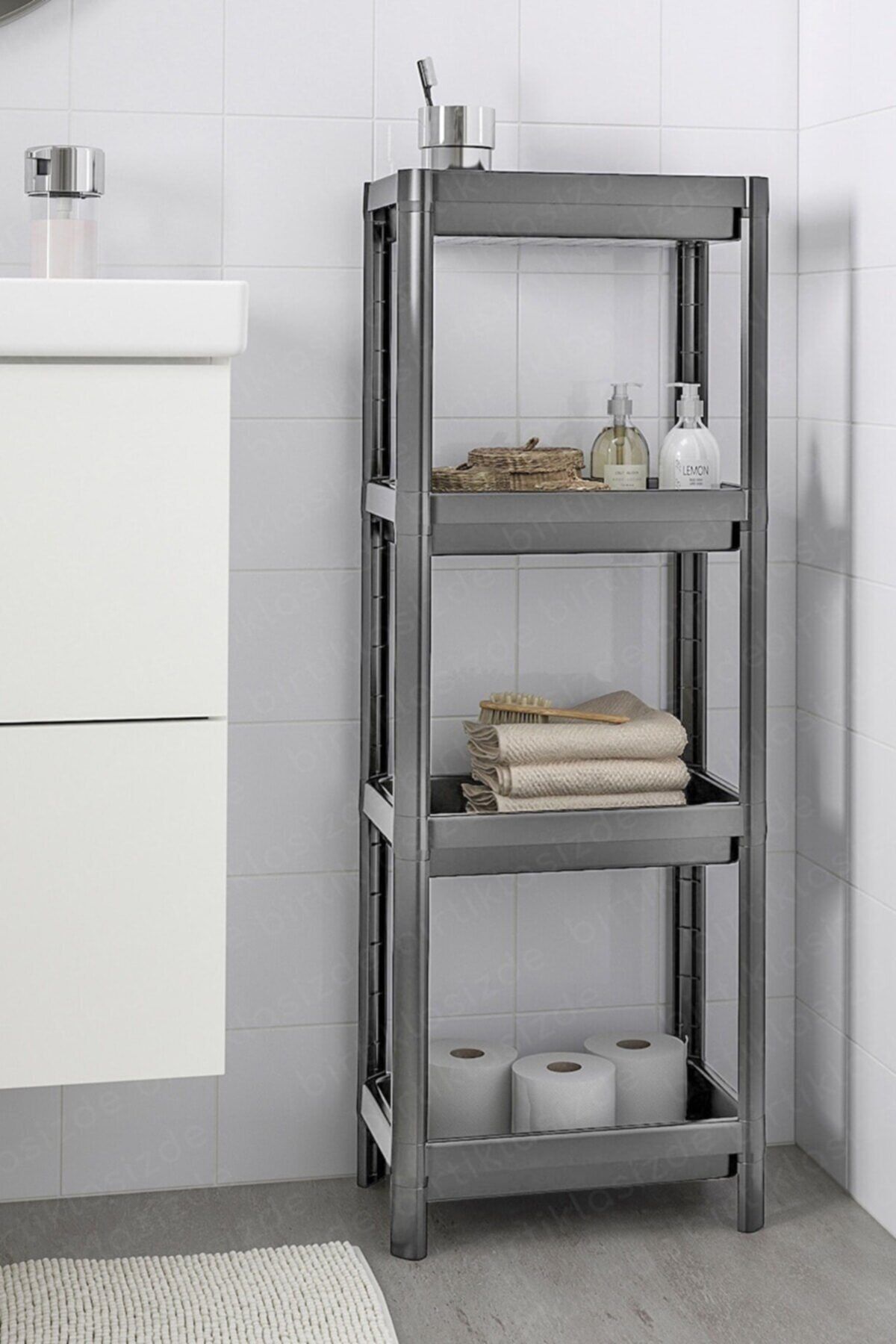 Mim Life Gri Banyo Rafı, Çok Amaçlı Organizer Raf Ünitesi, 4 Katlı Gri Banyo Düzenleyici