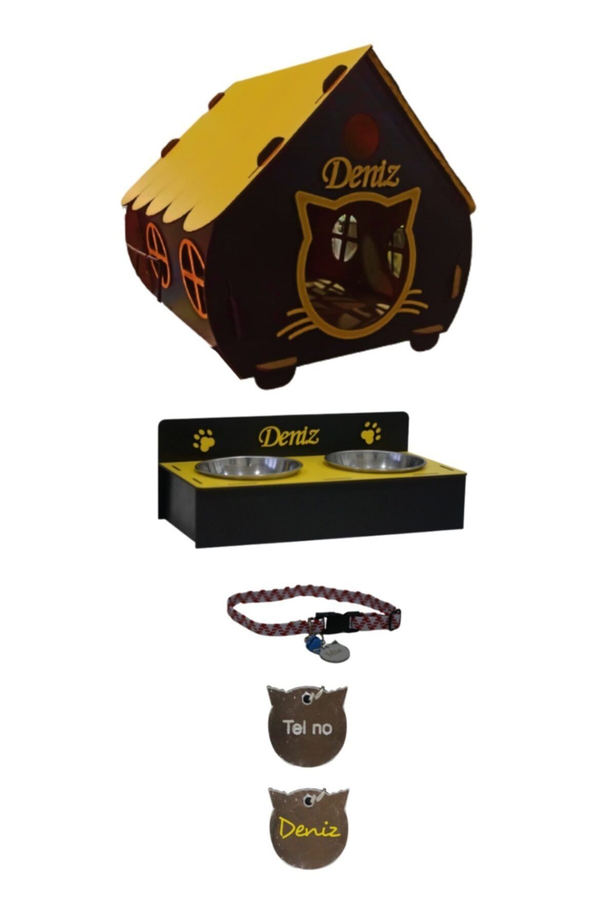 DENİZ Özel Mama Kabı + Evi + Isimli Koyle Tasması