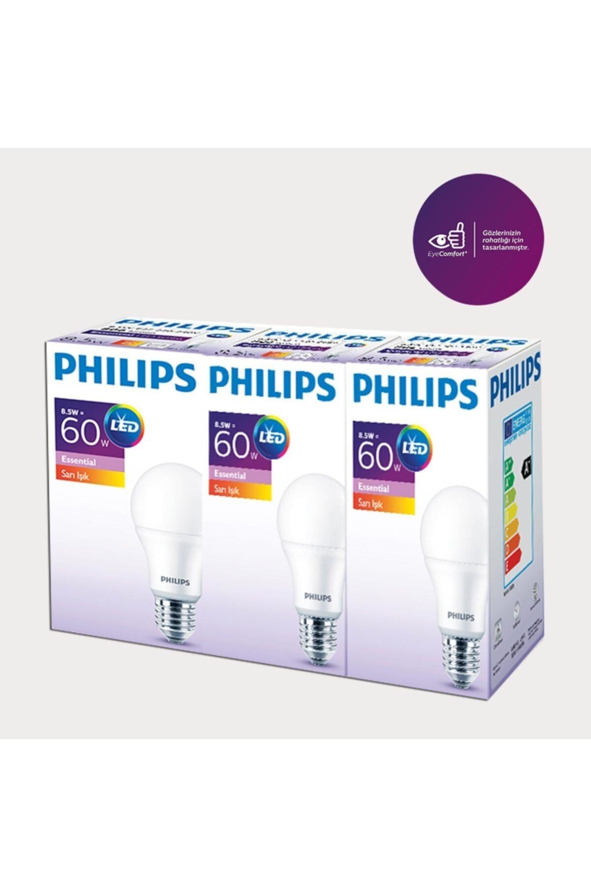 Philips Essential Led Ampul Lamba 8.5-60w Sarı E27 Normal Duy 3'lü Paket