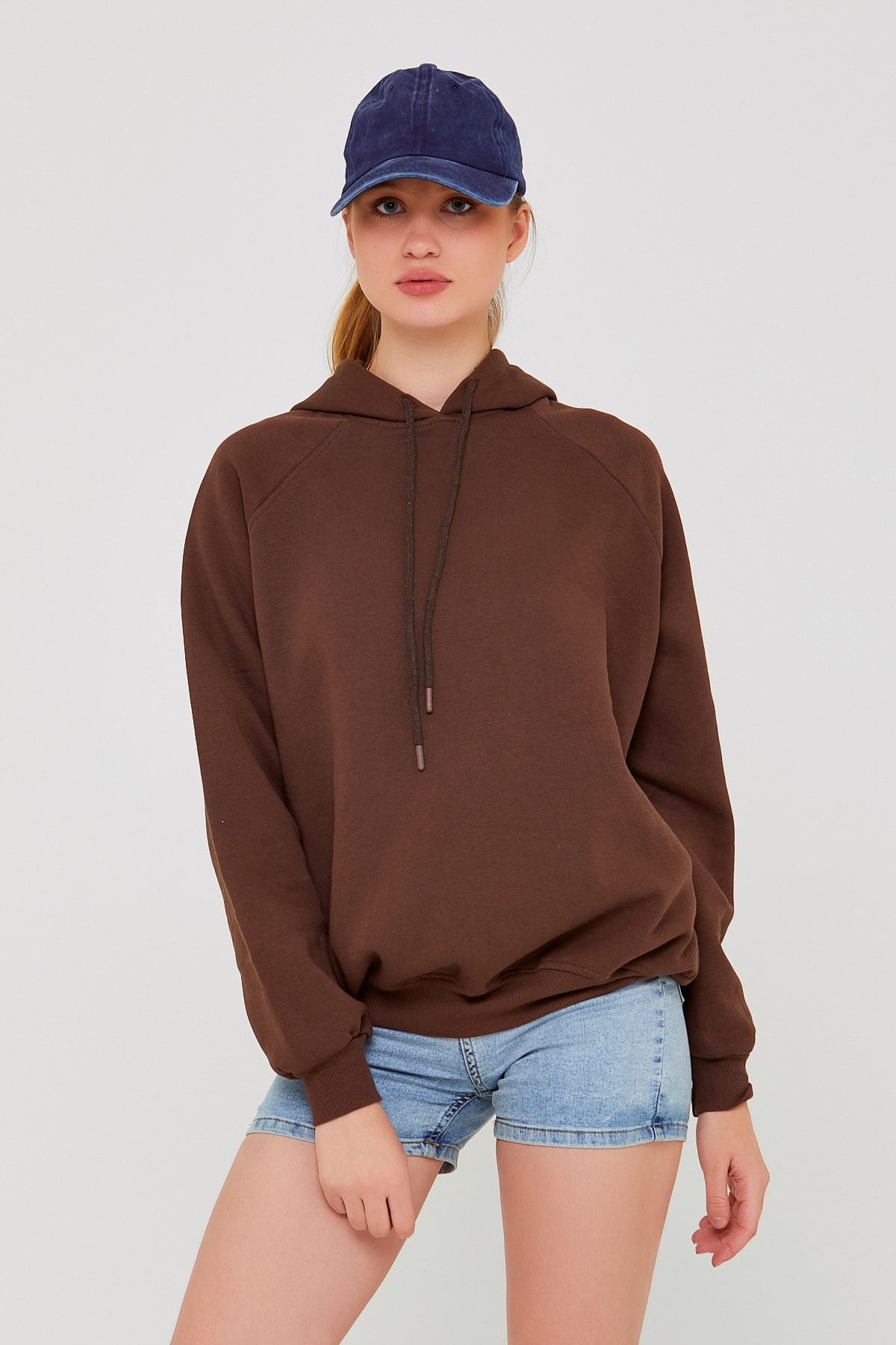 Ecrou Kadın Kahve Reglan Kol 3 Iplik Kapüşonlu Oversize Sweat