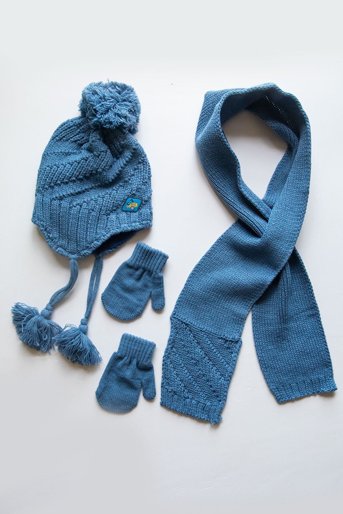 Mika Bebek & Çocuk 1-4 Yaş Erkek Çocuk Indigo Mavi Şapka, Atkı, Eldiven Takım
