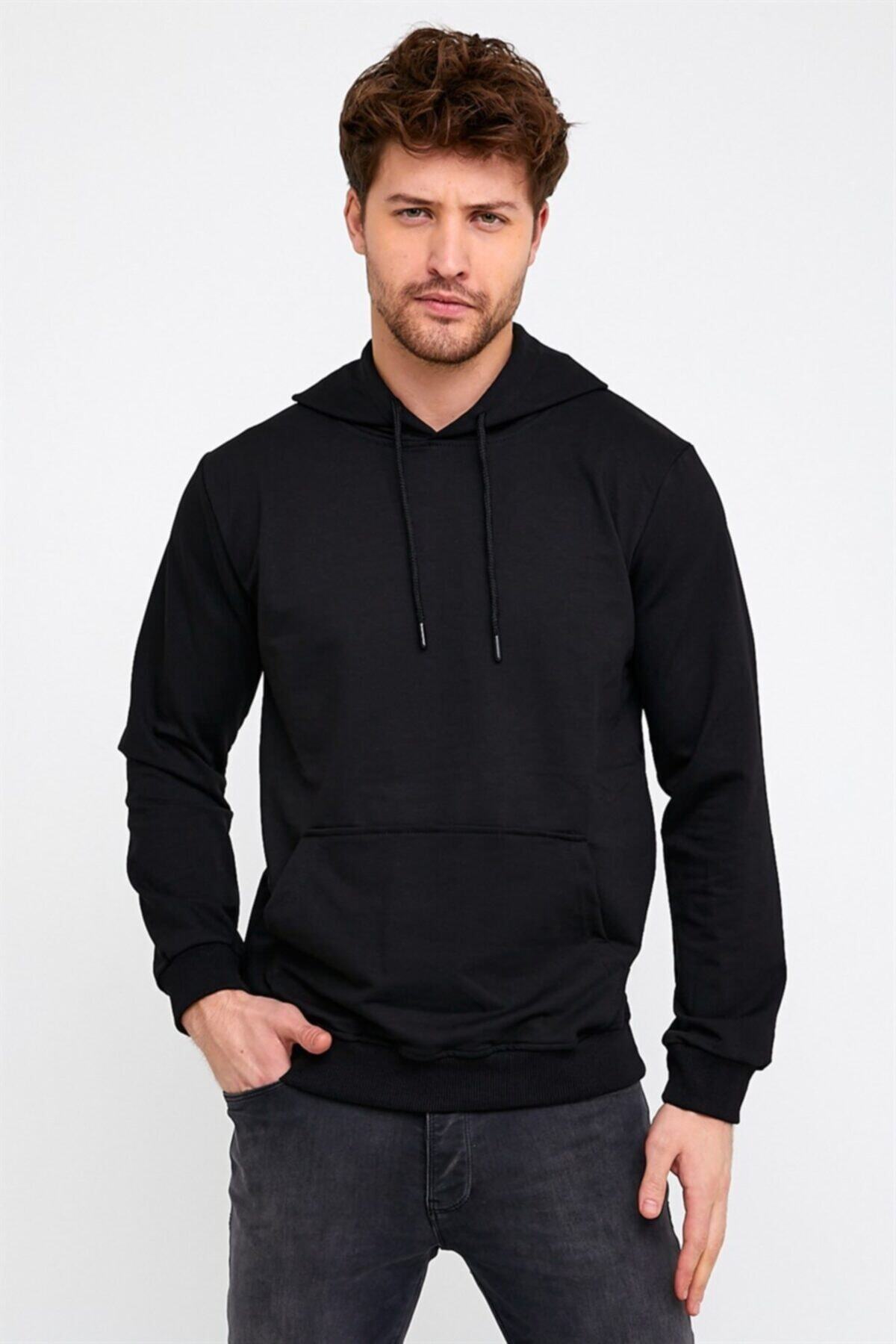 teepoint Siyah Erkek Kapüşonlu Kanguru Cepli Sweatshirt