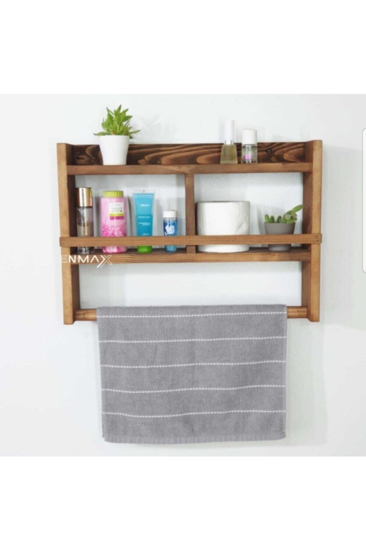 Dkm Dizayn Çam Ağacı Banyo Rafı Havluluk Ceviz Renk