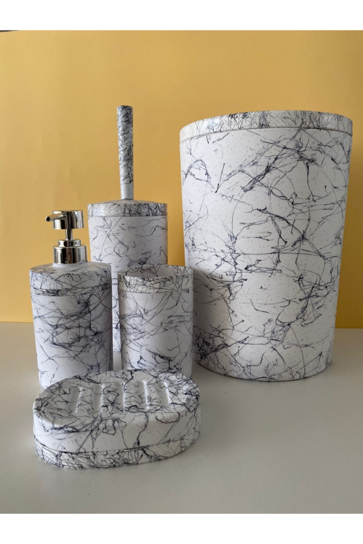 Trend Banyo Mutfak 5 Parça Mermer Desenli Yuvarlak Banyo Seti