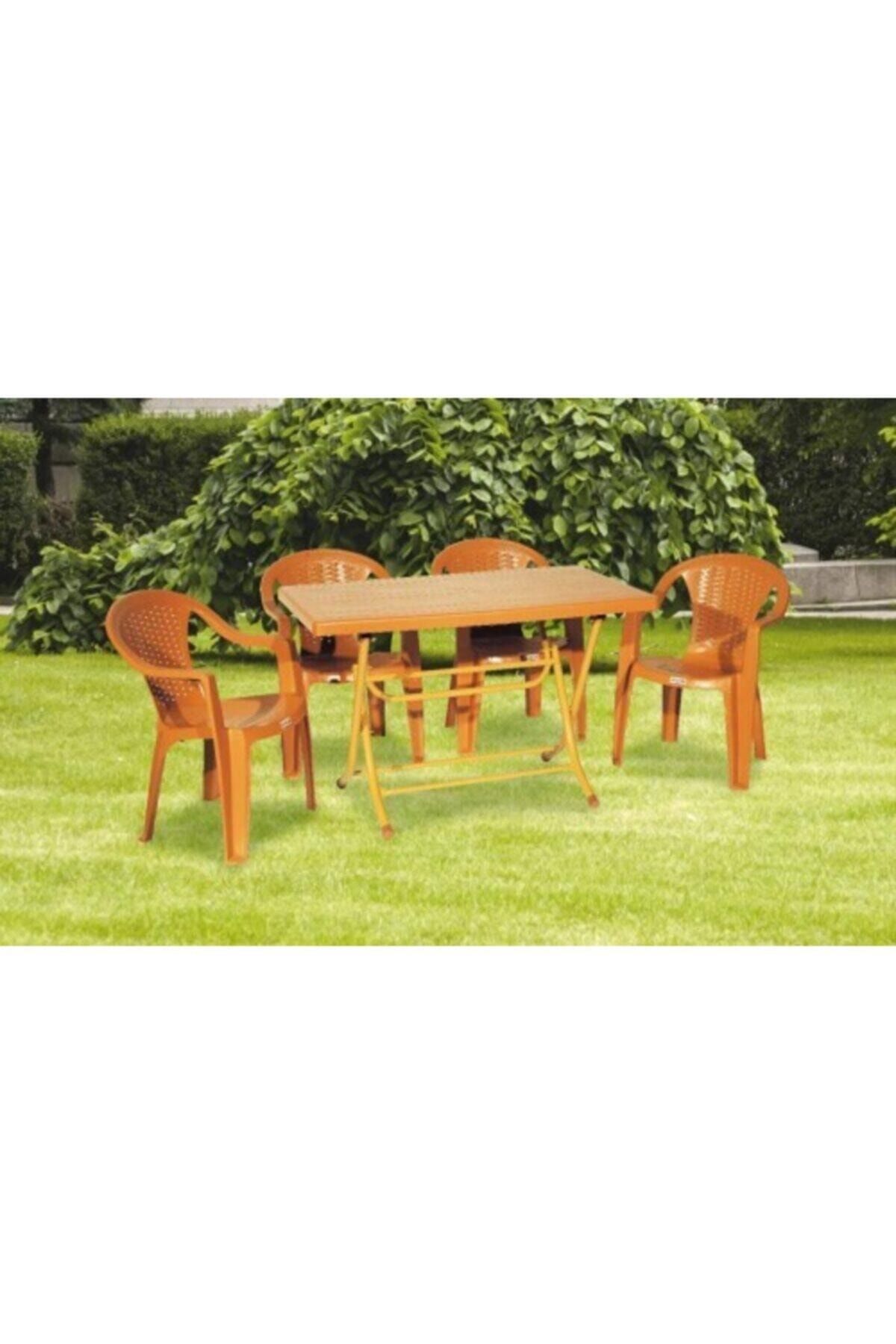 NetBazaars Plastik Katlanır Masa 70x120 + 4 Adet Kollu Plastik Sandalye Mobilya (kahve Rengi) Xömbx99