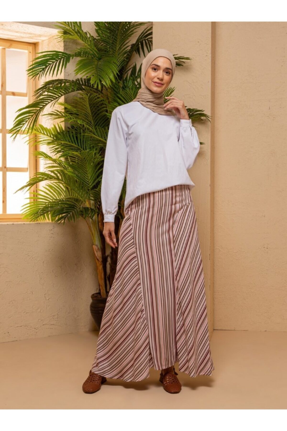 Mnatural Kadın Pudra Doğal Kumaşlı Çizgili Etek 1417218