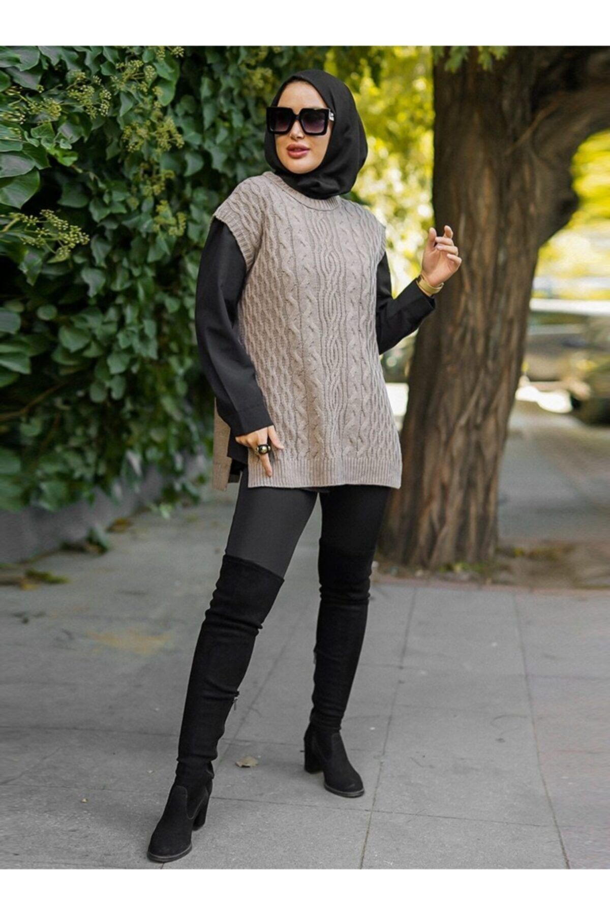 Por La Cara Saç Örgülü Yandan Yırtmaçlı Triko Süveter - Vizon -