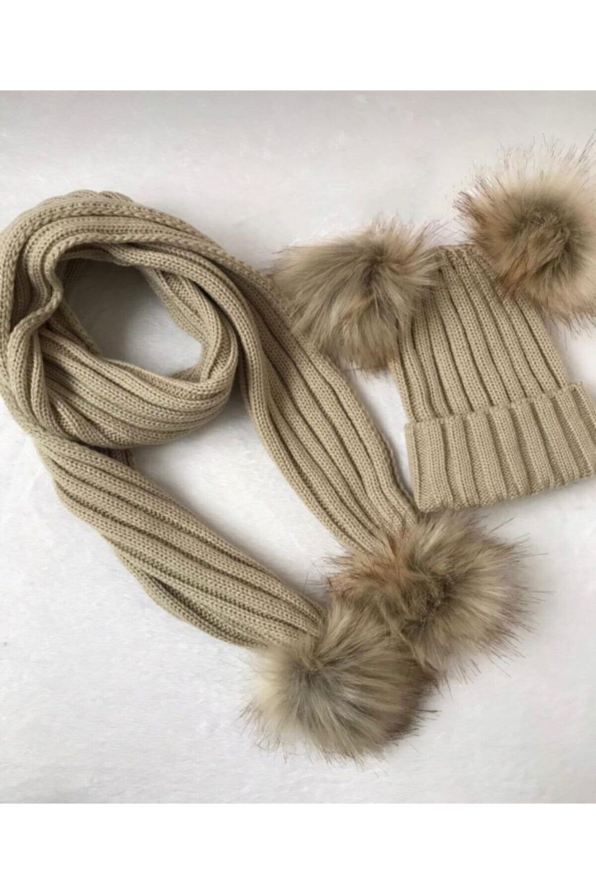 Esra's Store Krem Çift Ponponlu Atkı Bere Takımı 1-5 Yaş Kız Erkek Çocuk