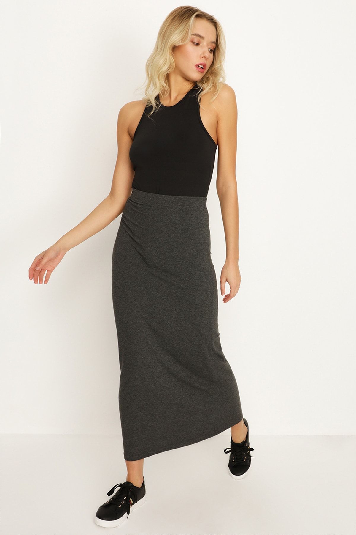 Select Moda Kadın Antrasit Maxi Etek