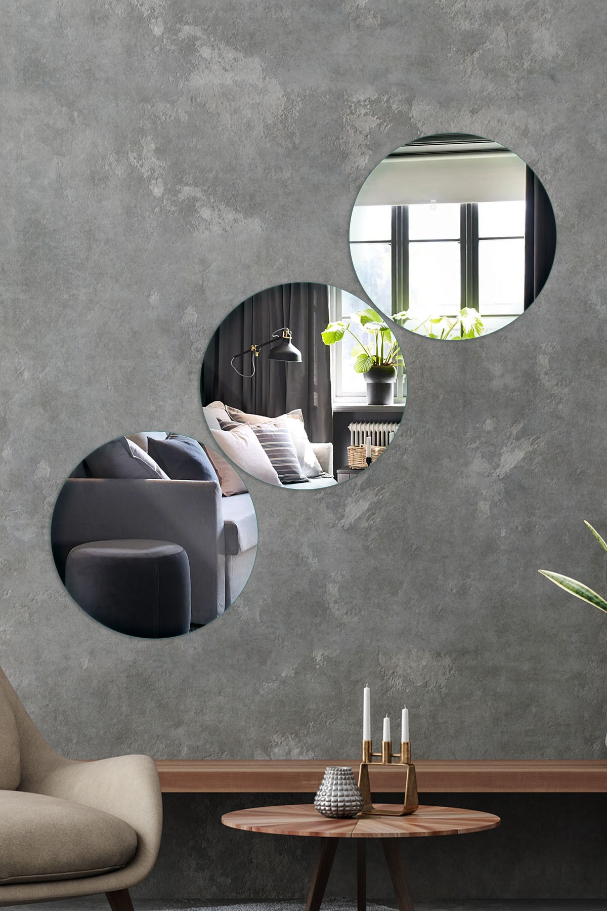 Decovetro Ayna 3 Parça Yuvarlak Dekoratif Duvar Aynası 25cm