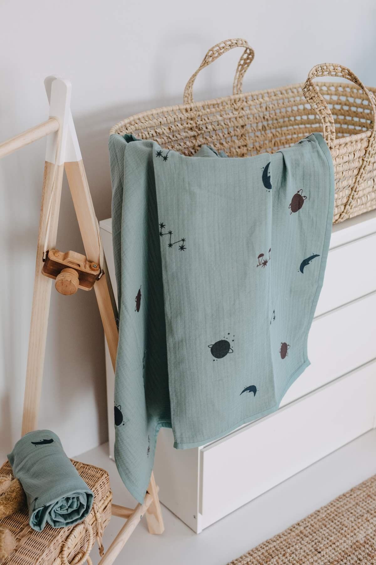 Leporem Baby&Home Leporem Mint Renk Ay Yıldız Güneş Desenli 4 Katlı Müslin Bebek Battaniyesi