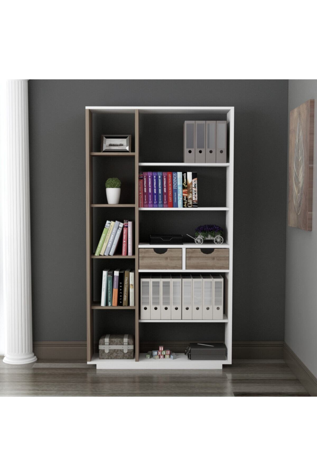 ARNETTİ Luma Kitaplık Beyaz-ceviz 188,6x80,4x25 Raf Ve Çekmeceli Dekoratif Tasarım Kolay Kurulum