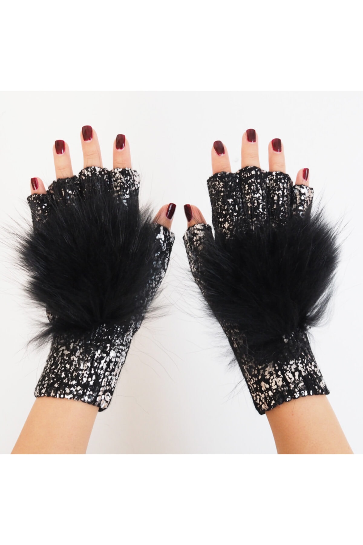 BEGART Gümüş Varaklı Parmaksız Siyah Kürklü Eldiven