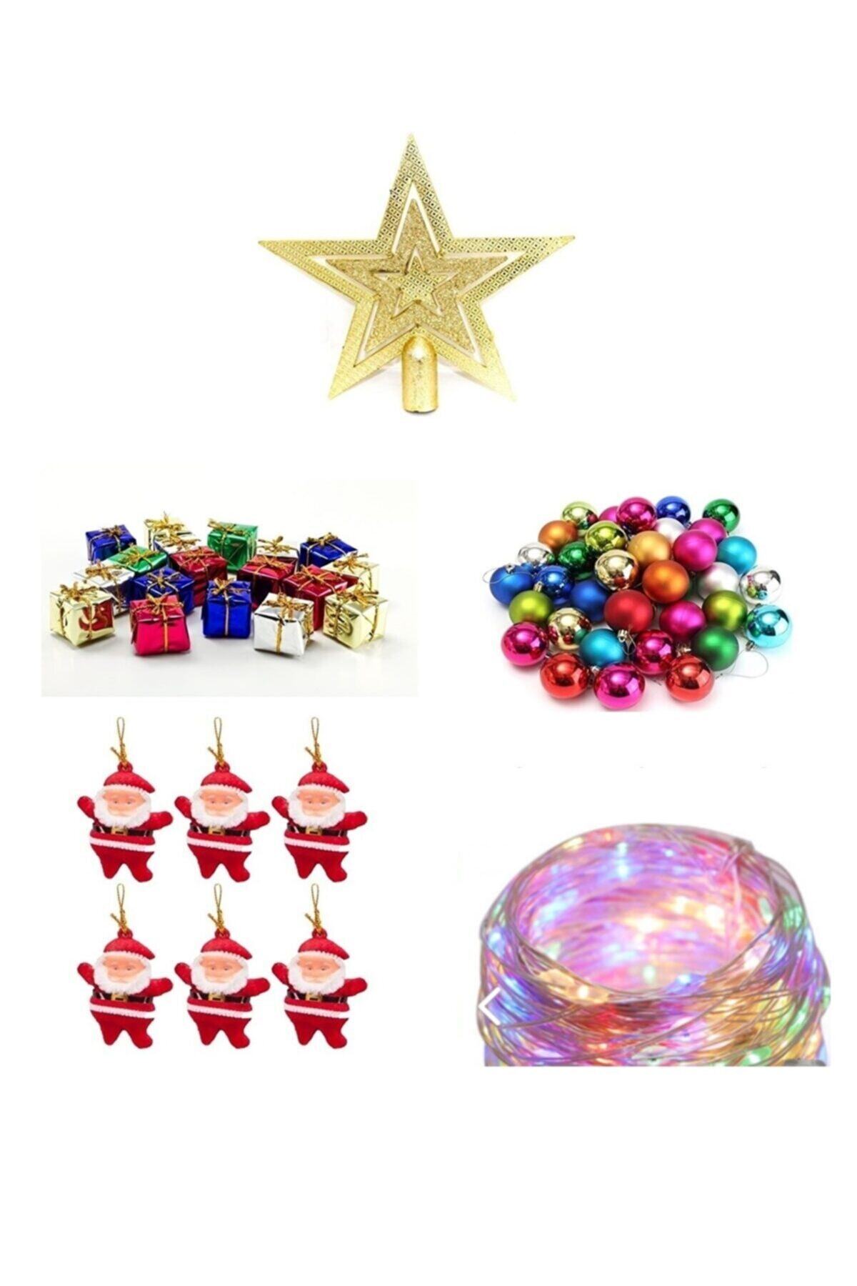 KozmoParti 32 Parça Karışık Yılbaşı Ağacı Işıklı Noel Süsleme Seti Tepe Süs Hediye Paketi Top Rgb Peri Led