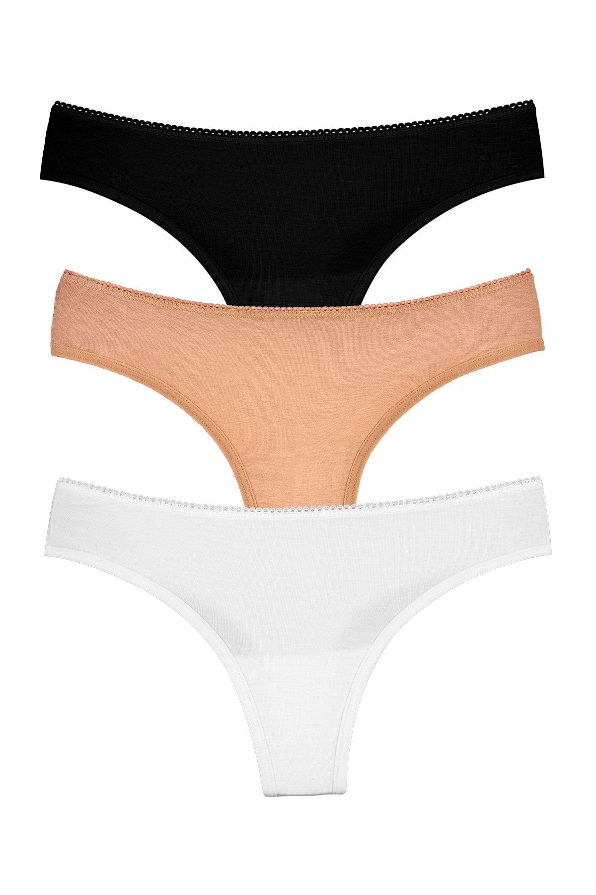 BE MORE Innocent Collectıon String Thong Siyah Beyaz Ve Ten Rengi Üçlü Set Modal Kumaş
