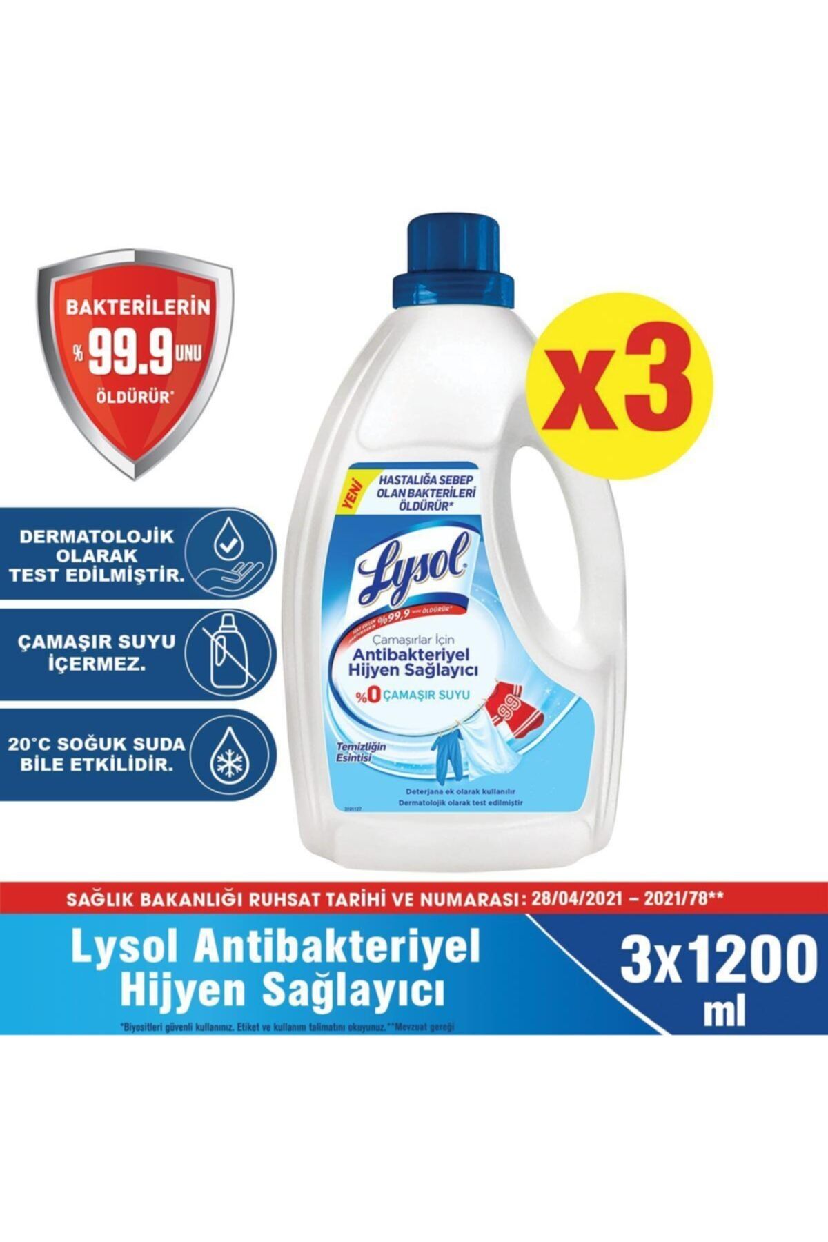 Lysol Çamaşırlar için Antibakteriyel Hijyen Sağlayıcı 3x1200 ml