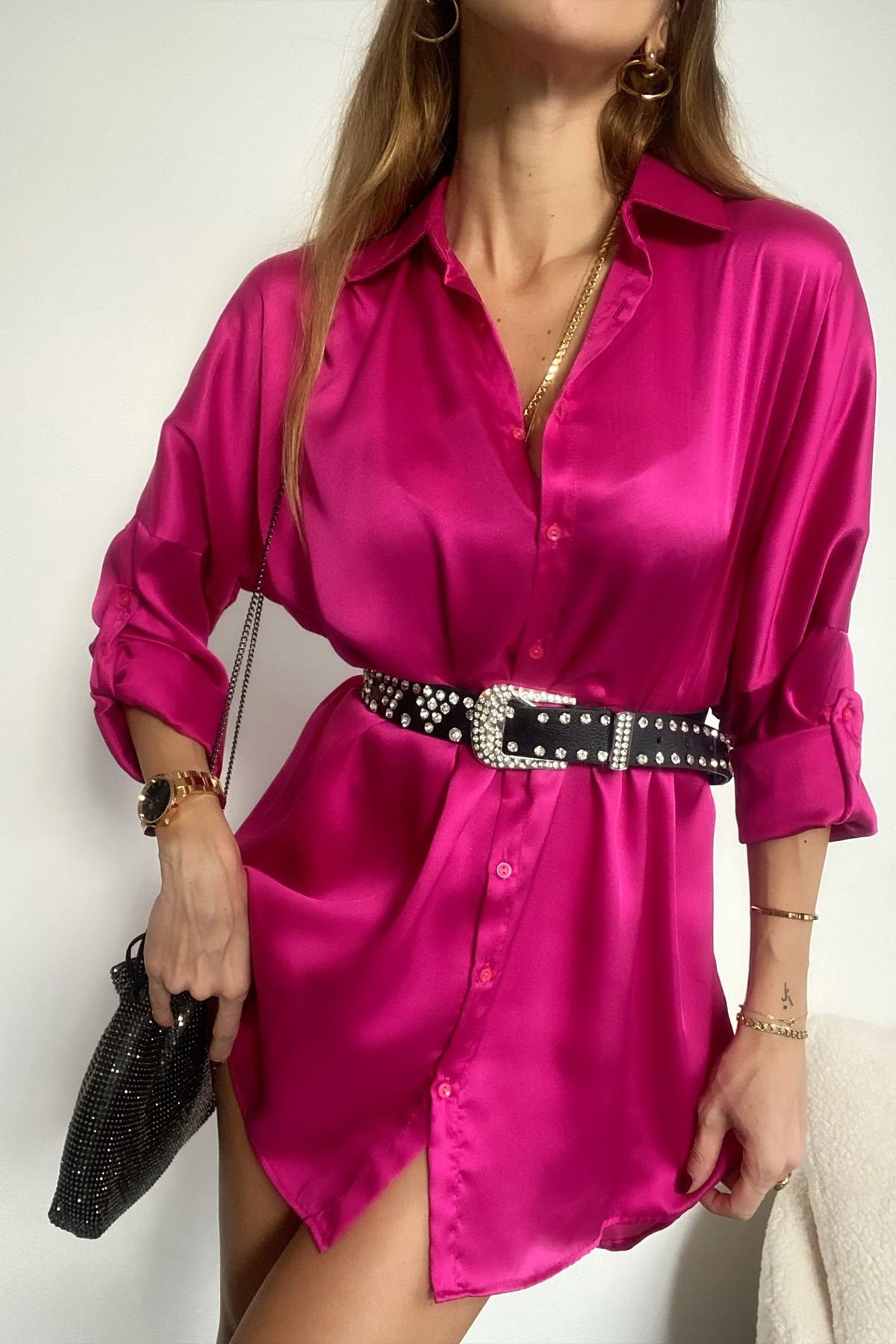 Butik Gardrop Fuşya Kol Detay Oversize Tasarım Saten Gömlek Listeye Geri Dön