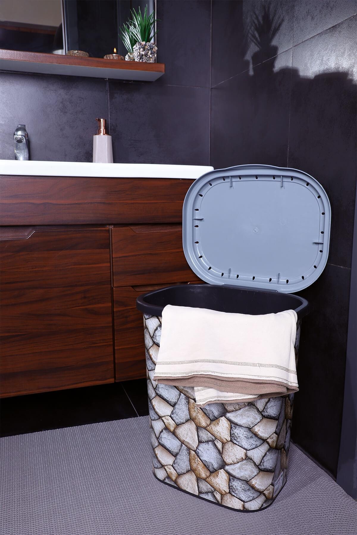Tuffex Desenli Kirli Çamaşır Sepeti - 45 lt -Taş Duvar