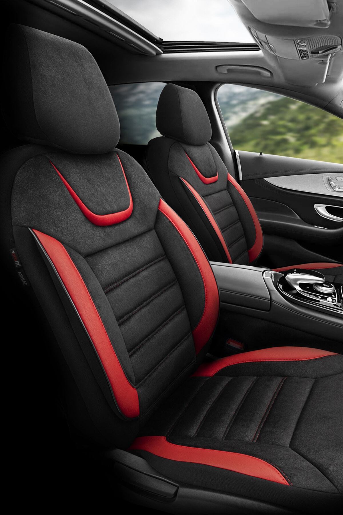 Otom Airbag Dikişli Ortopedik Yüksek Kalite Gerçek Süet Oto Koltuk Kılıfı - Iconic Design Siyah-kırmızı