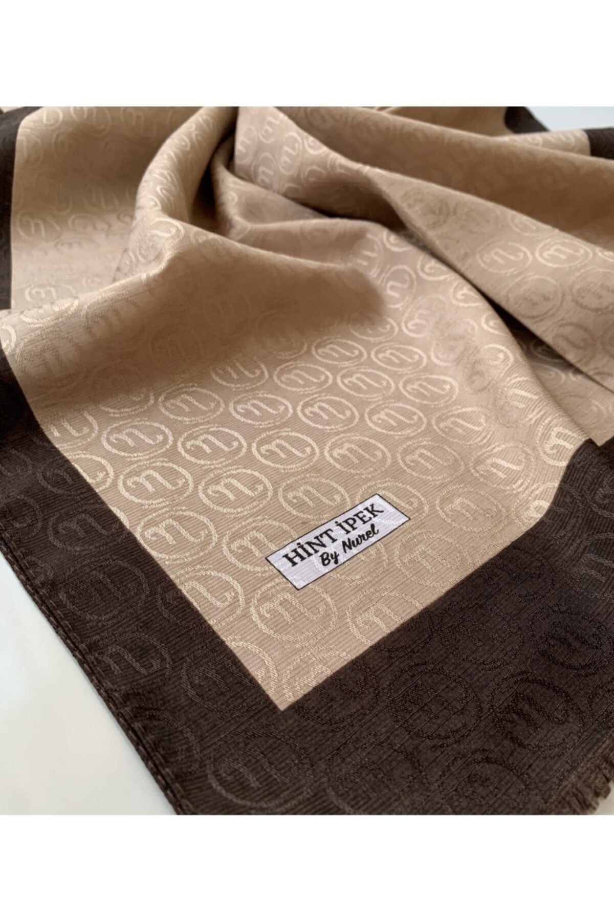 Hint İpek Monogram Şal - Kahve Vizon
