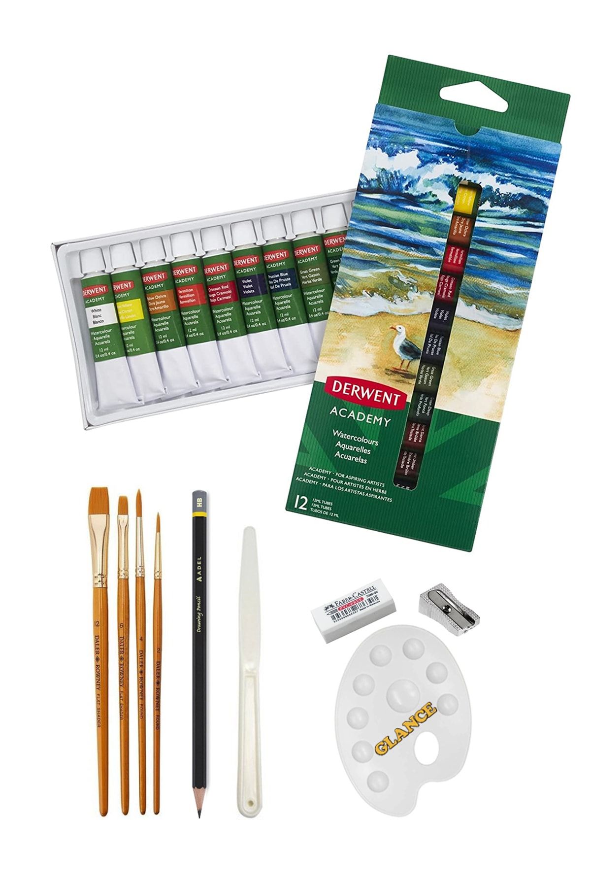 GLANCE Derwent Academy Sulu Boya 12'li Tüp Daler Rowney Fırça Seti Dereceli Kalem Resim Paleti