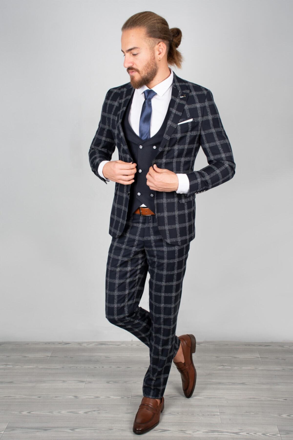 DeepSEA Erkek Koyu Lacivert Ekose Desenli Slim Fit Takım Elbise 2001145