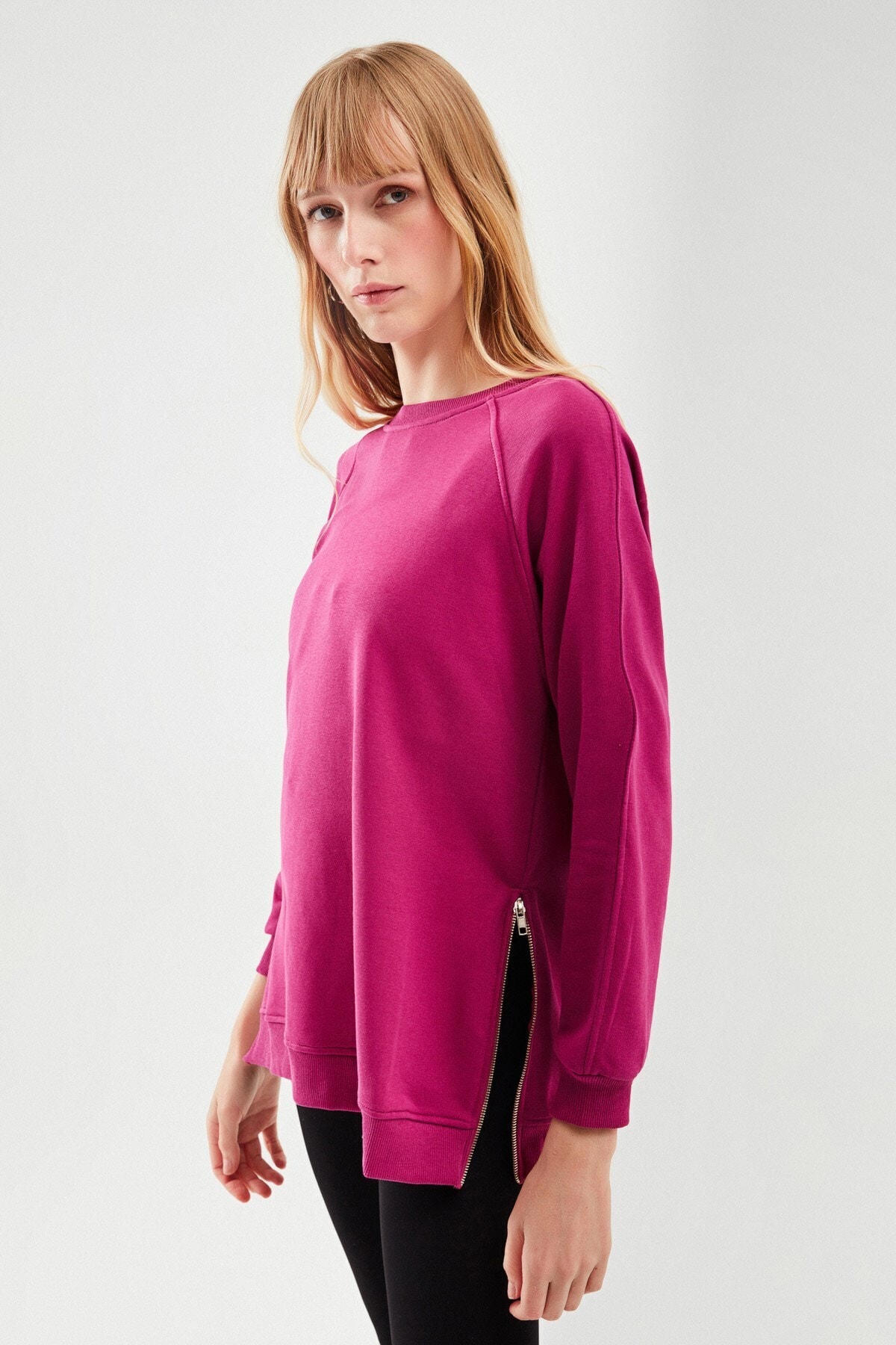 Quzu Fermuarlı Oversize Sweatshirt Orkide