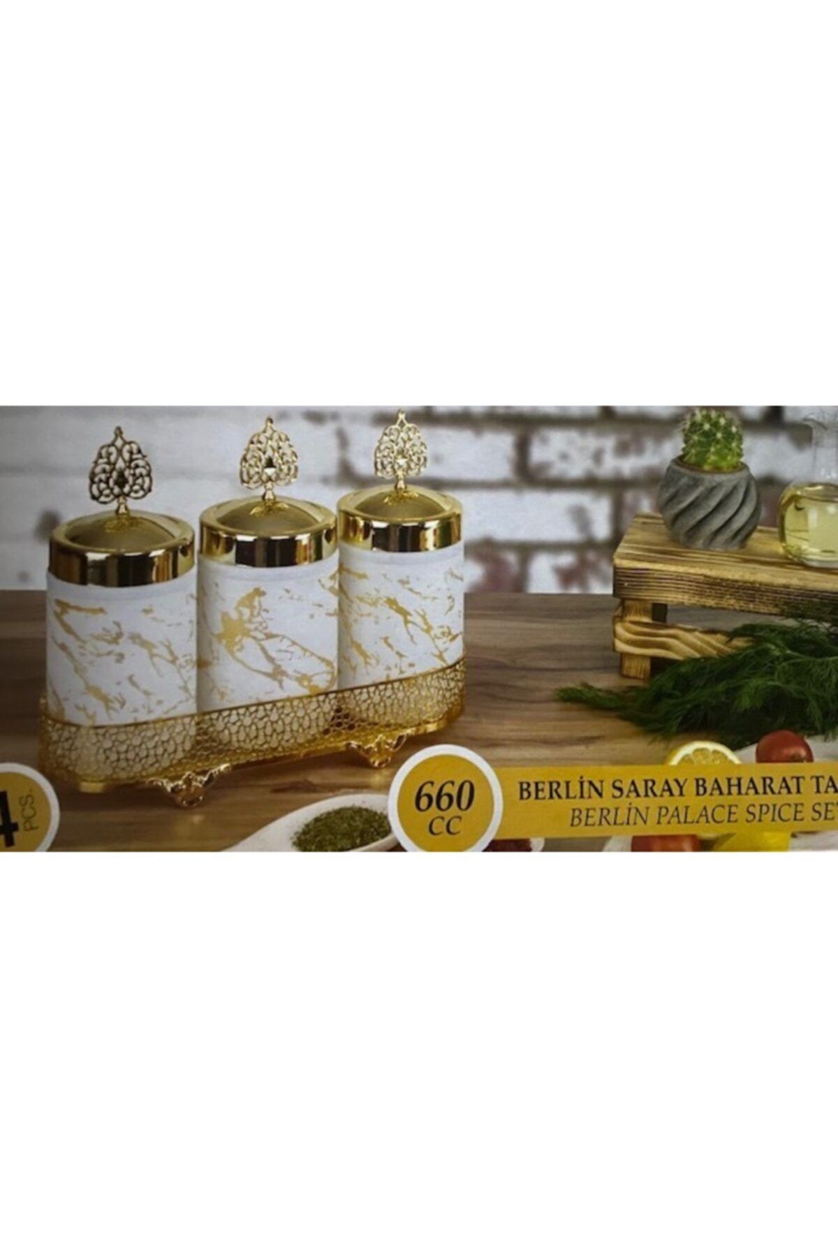 Arrita Home 4 Parça Gold Standlı Mermer Desenli Cam Kavanoz Seti, Çay Kahve Şeker Kavanozu, Baharatlık Beyaz