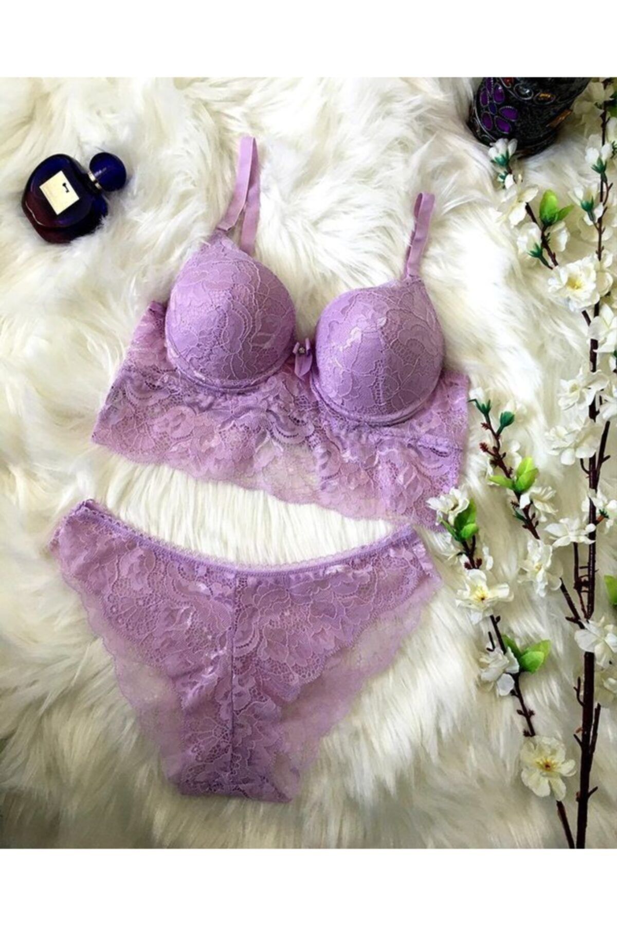 Bra Bucca Balenli Destekli Kopçalı Push-up Lila Dantelli Sütyen Külot Bralet Takımı