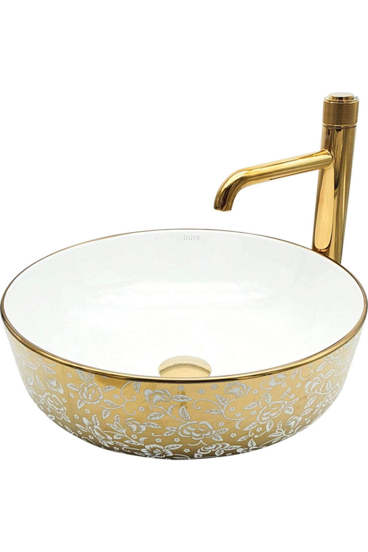 Pure Concept Pure Flower Gold White Tezgah Üstü Çanak Lavabo