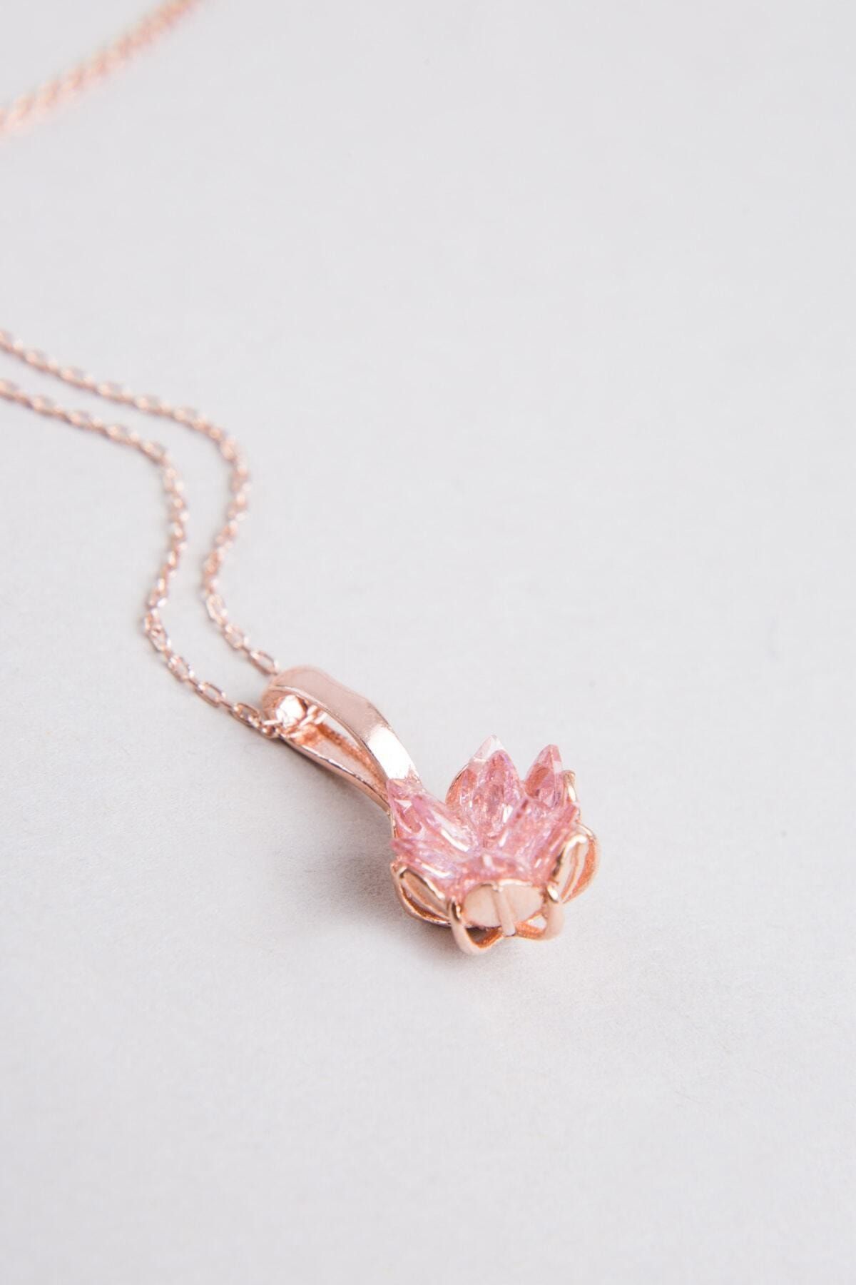 Zanaatsilver 925 Ayar Gümüş Zincirli Rose Altin Kaplamali Lotus Çiçegi Kolye Ucu