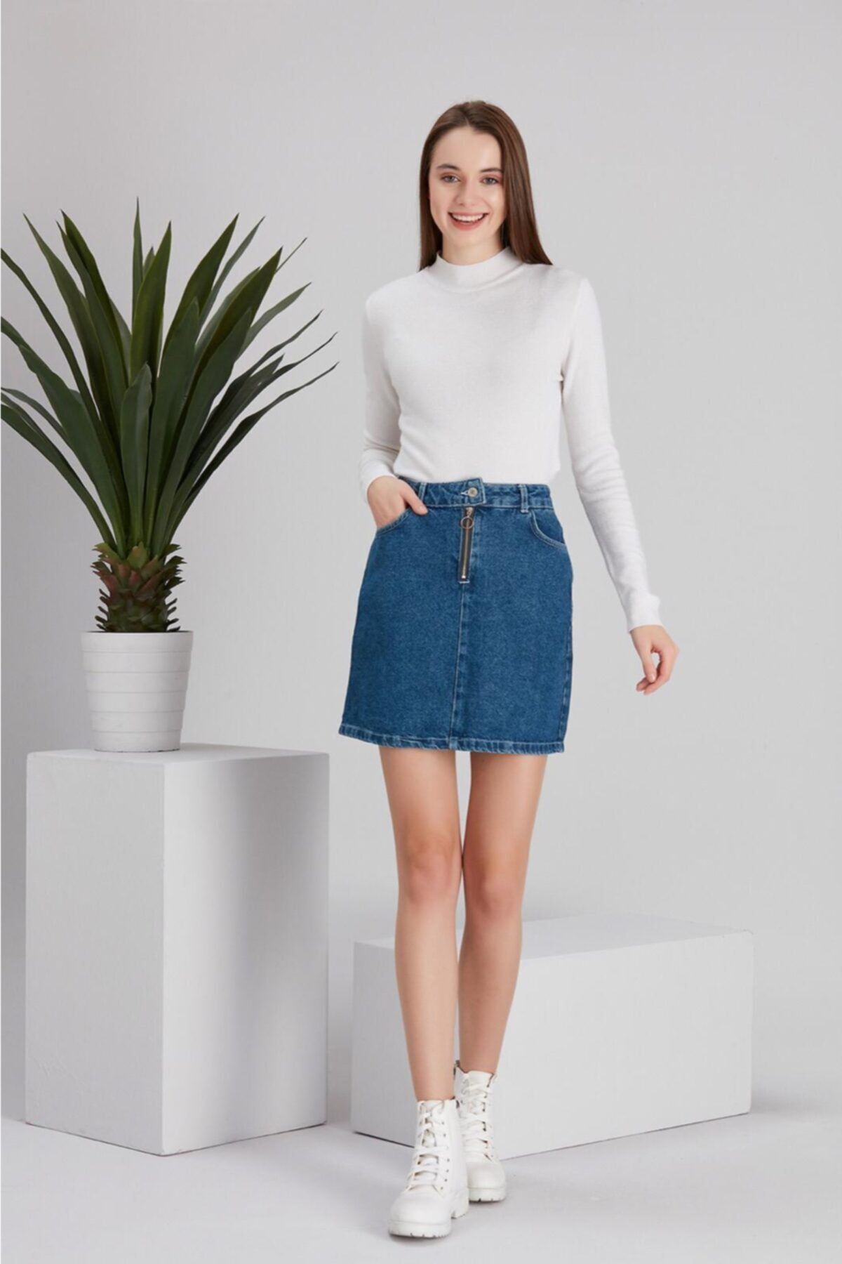 MODASMA Indigo Laci Yüksek Bel Denim Etek