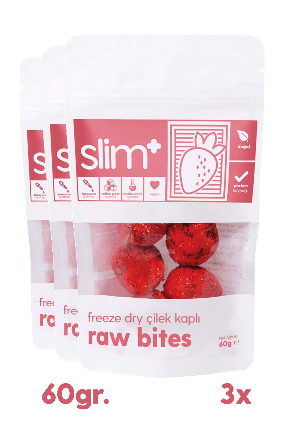 slimplus 3'lü Paket Freeze Dry Çilek Kaplı Raw Bites 60gr
