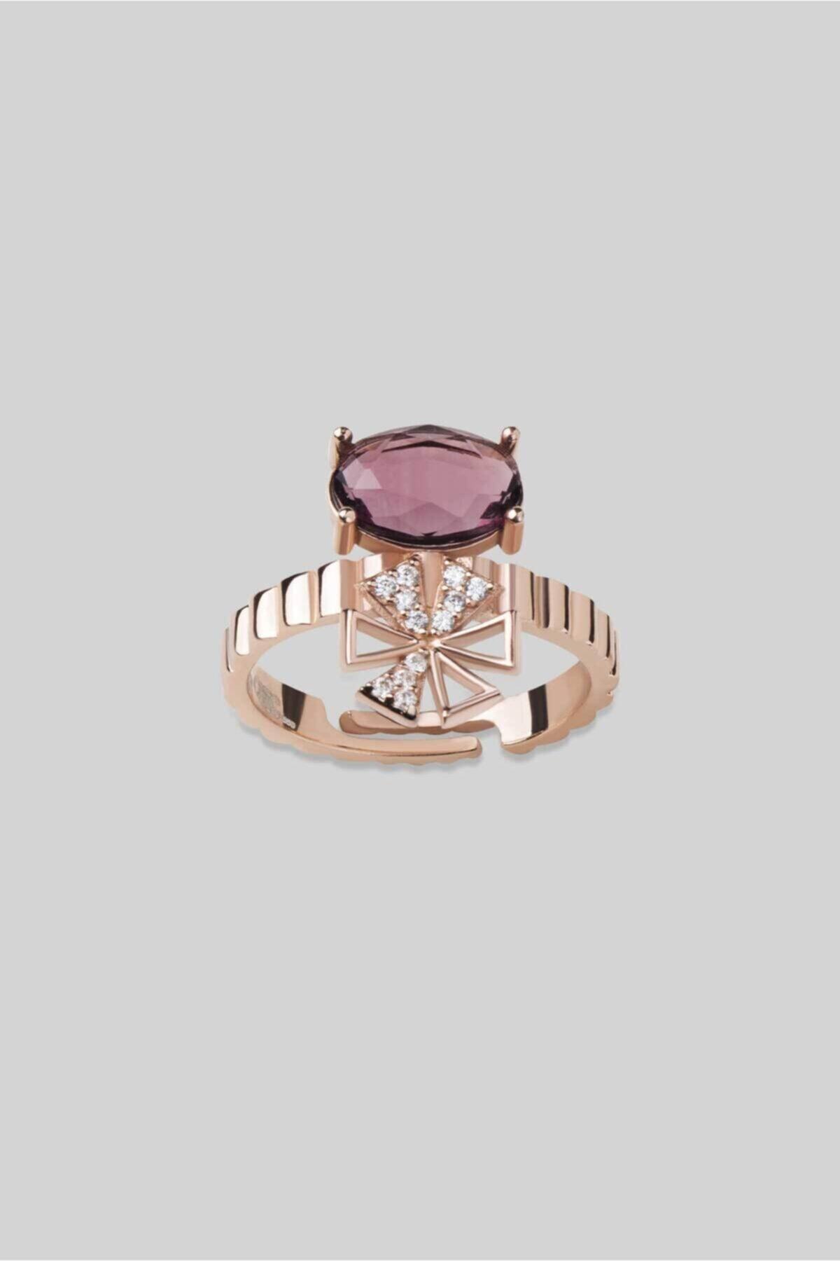So CHIC... Umut Çiçeği Mor Taşlı 18 Ayar Rose Altın Kaplama Ayarlanabilir Gümüş Yüzük