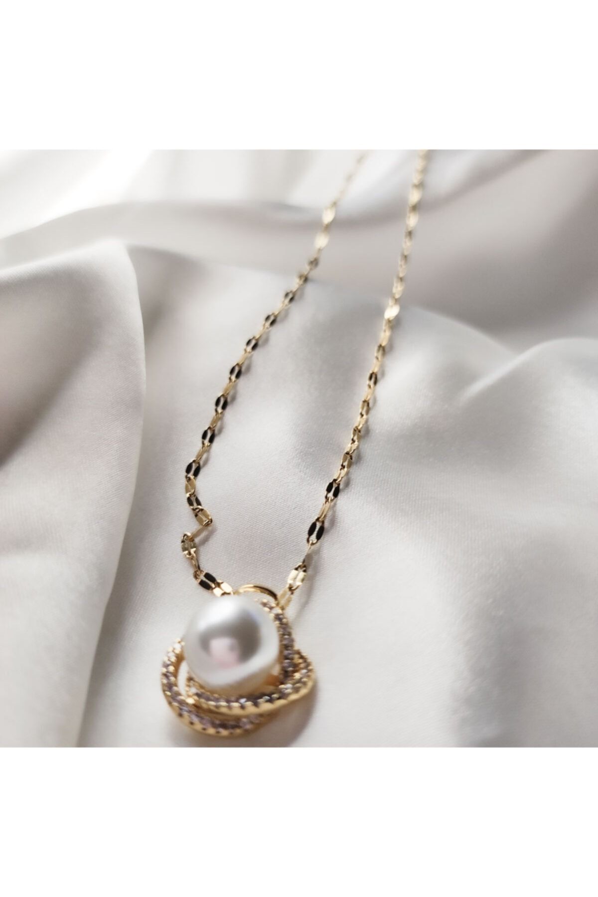 Swell Accessory Kolye Çelik Üzeri Altın Kaplama Inci Taşlı Gold