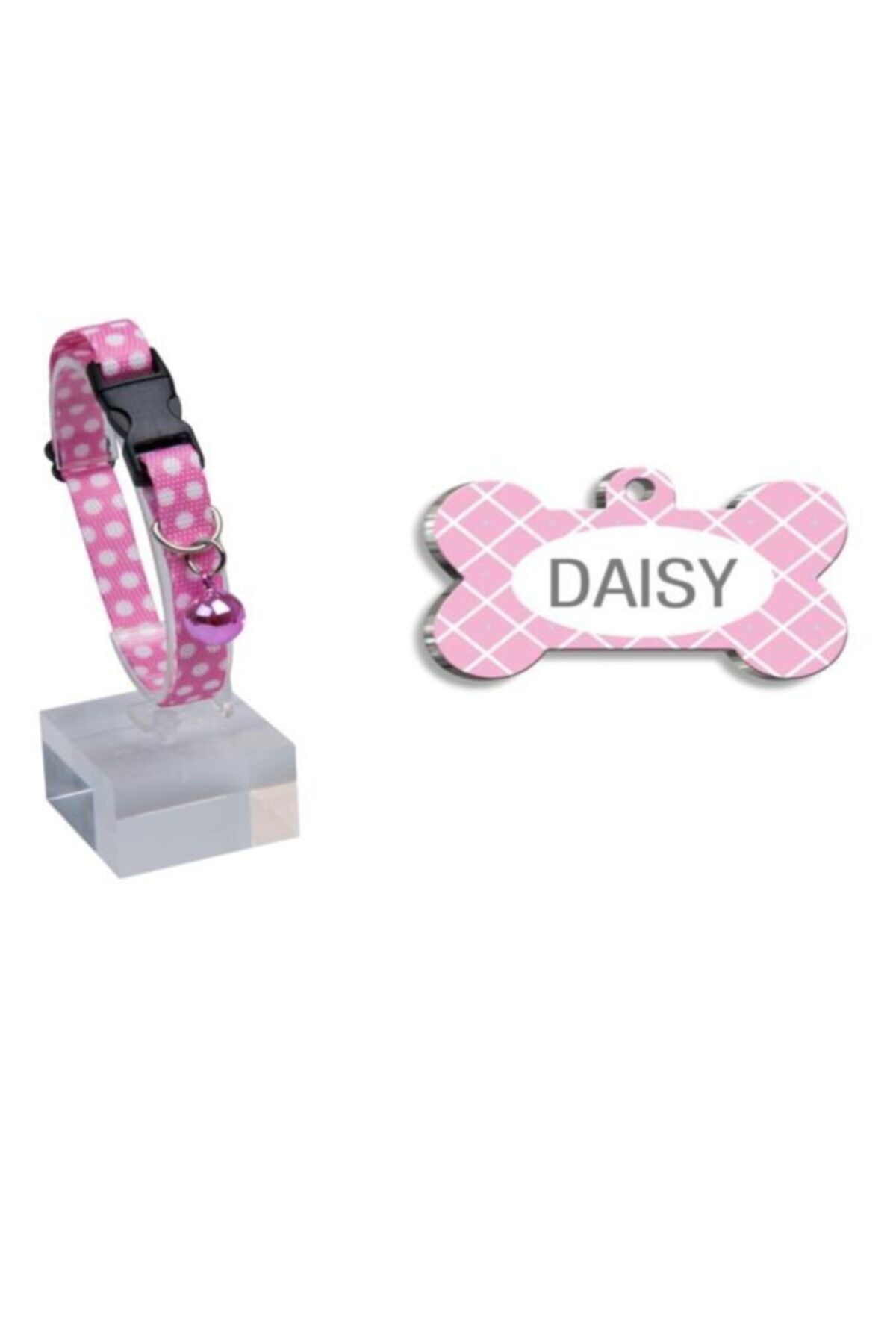 altın pati Pembe Kareli Kedi Köpek Künyesi+desenli Zilli Ayarlanabilir Kedi Boyun Tasması 22-30 Cm