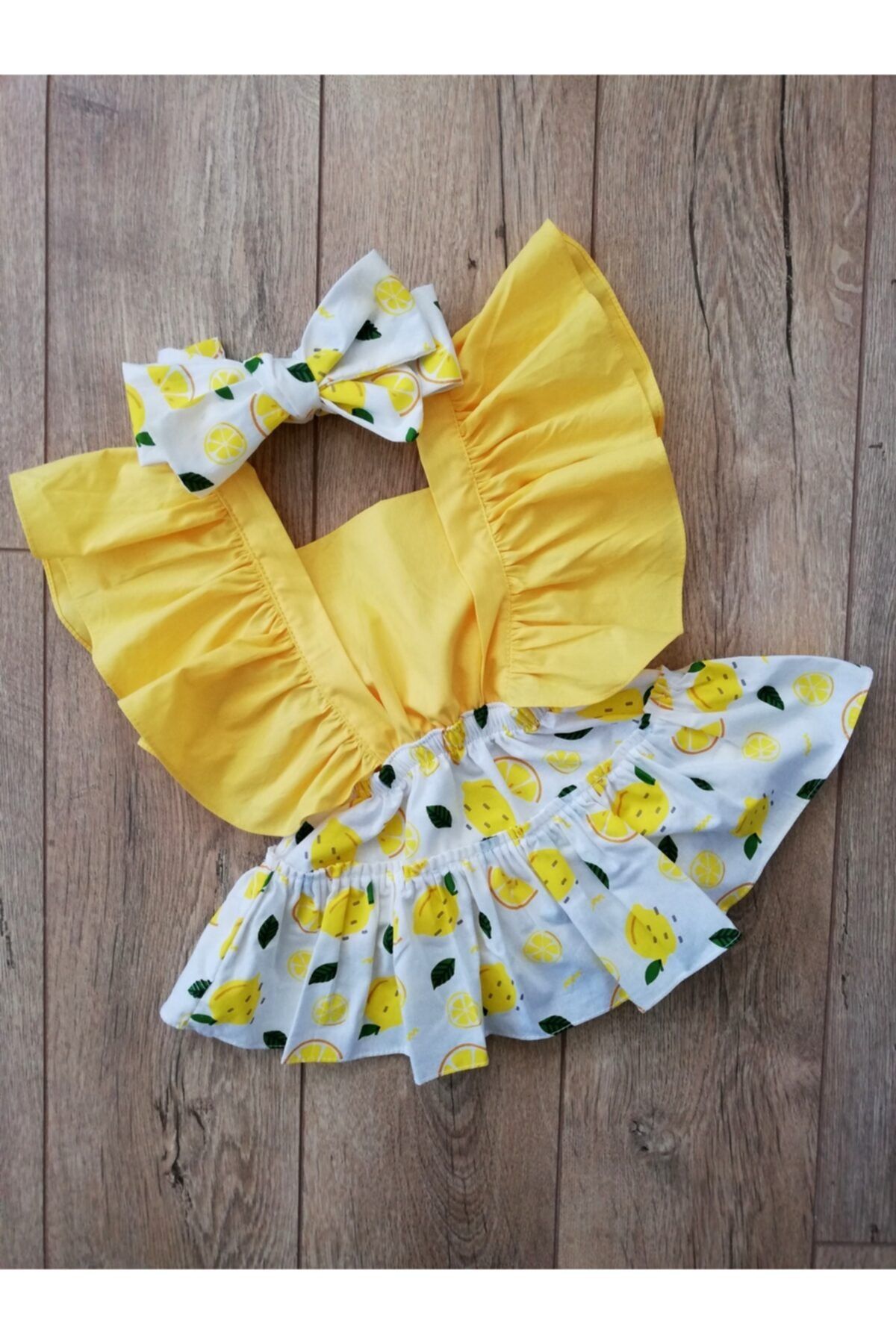 Mini Kids Baby Kız Bebek Limon Desenli Salopet Bandana Takım 0-2 Yaş