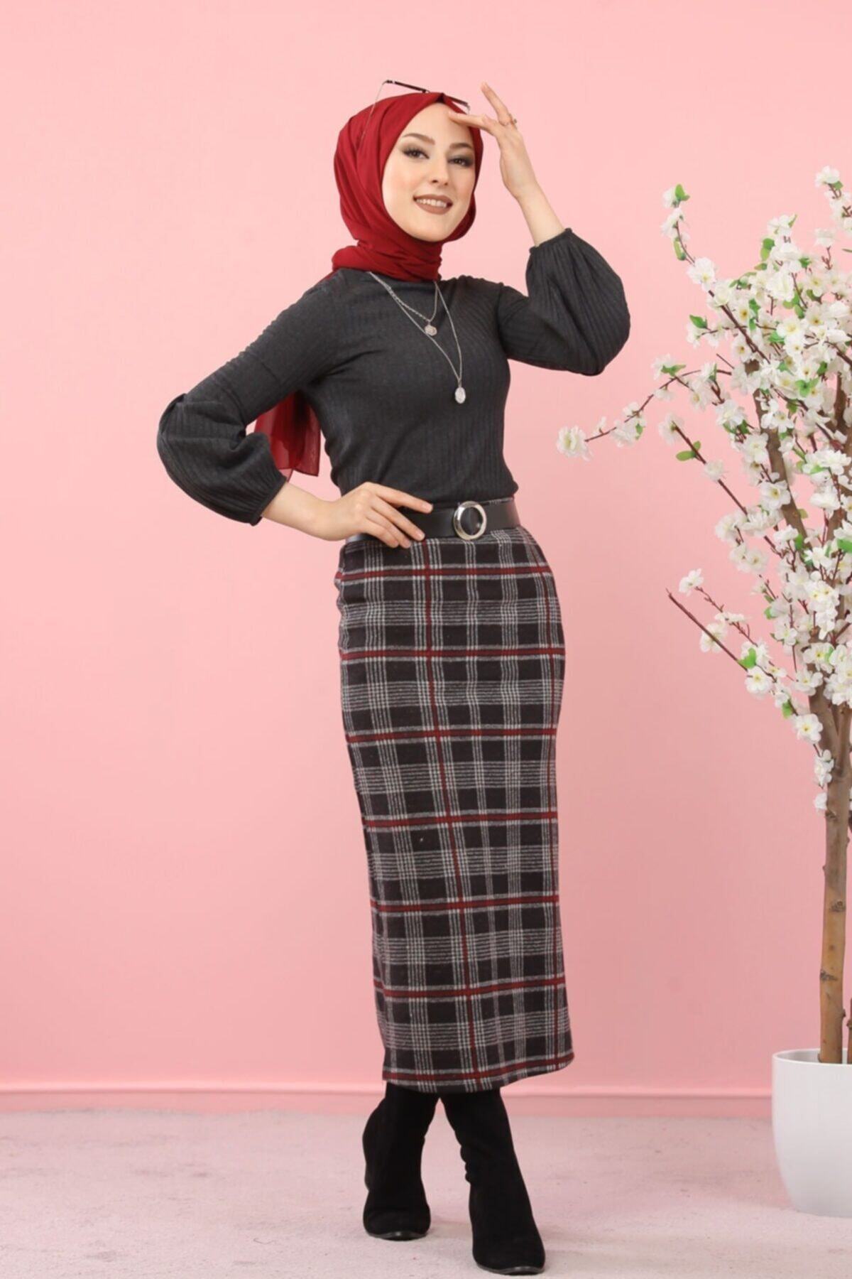 alfaze Tesettür Bluz Etek Kombin Bordo - 8346