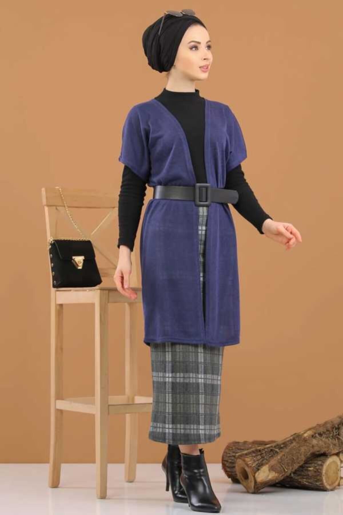 alfaze Tesettür Yelek Etek Kombin Lacivert - 8296