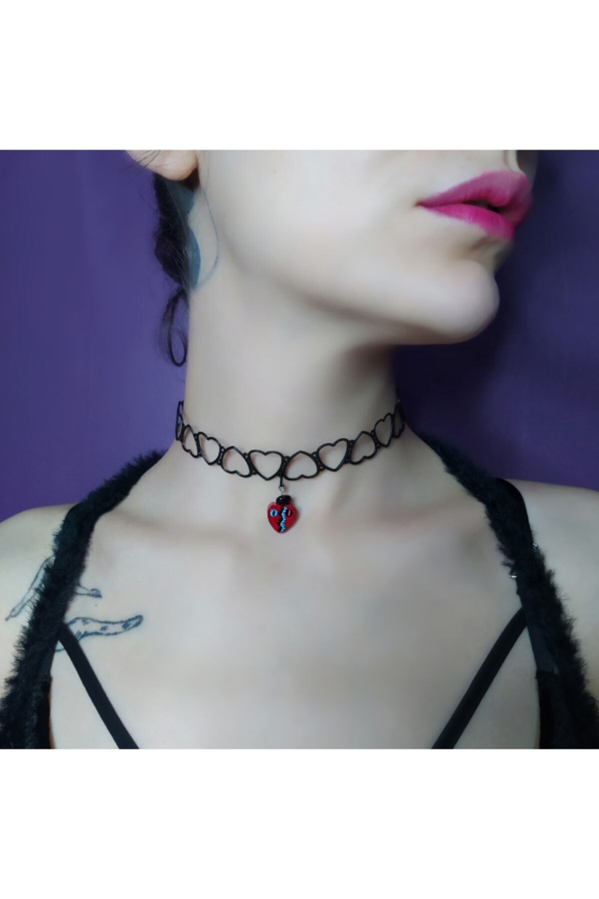 mamaokaliptus El Yapımı Kalp Choker Lal Taşlı Tasma Kolye Seramik Kil Takı Tasarım Dövme Kolye Tattoo Choker Tel