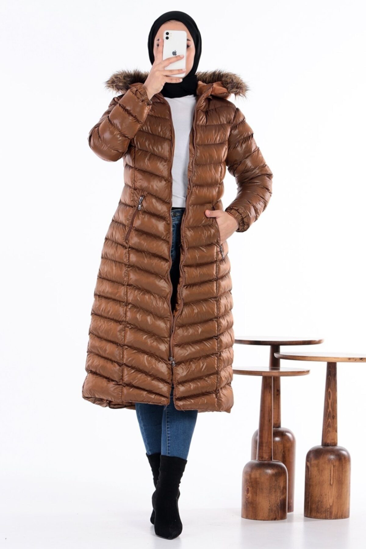 Bestenur Kürk Kapüşonlu Uzun Içi Dolum Şişme Mont 124 - Bronz