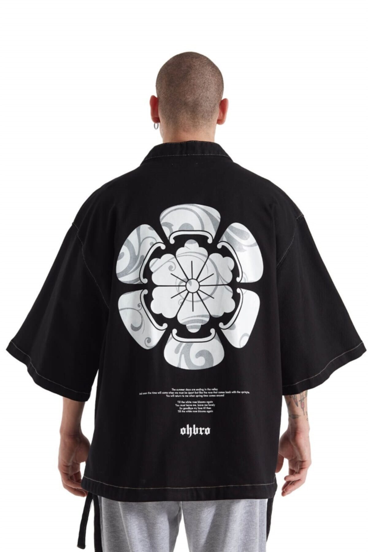 OhBro Siyah Baskılı Kot Kimono Ceket