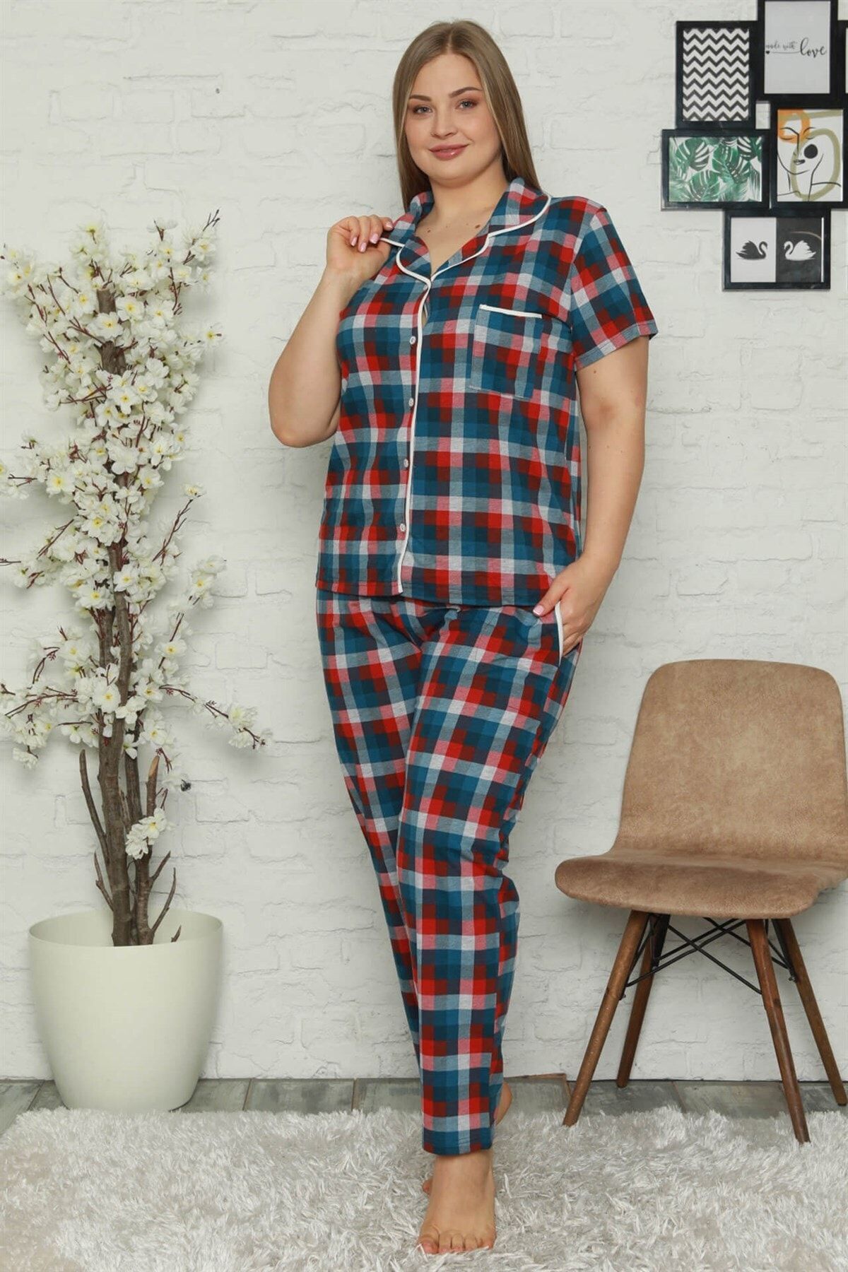 alfaze Kadın Pamuklu Cepli Kısa Kol Büyük Beden Pijama Takım 202065 Lacivert