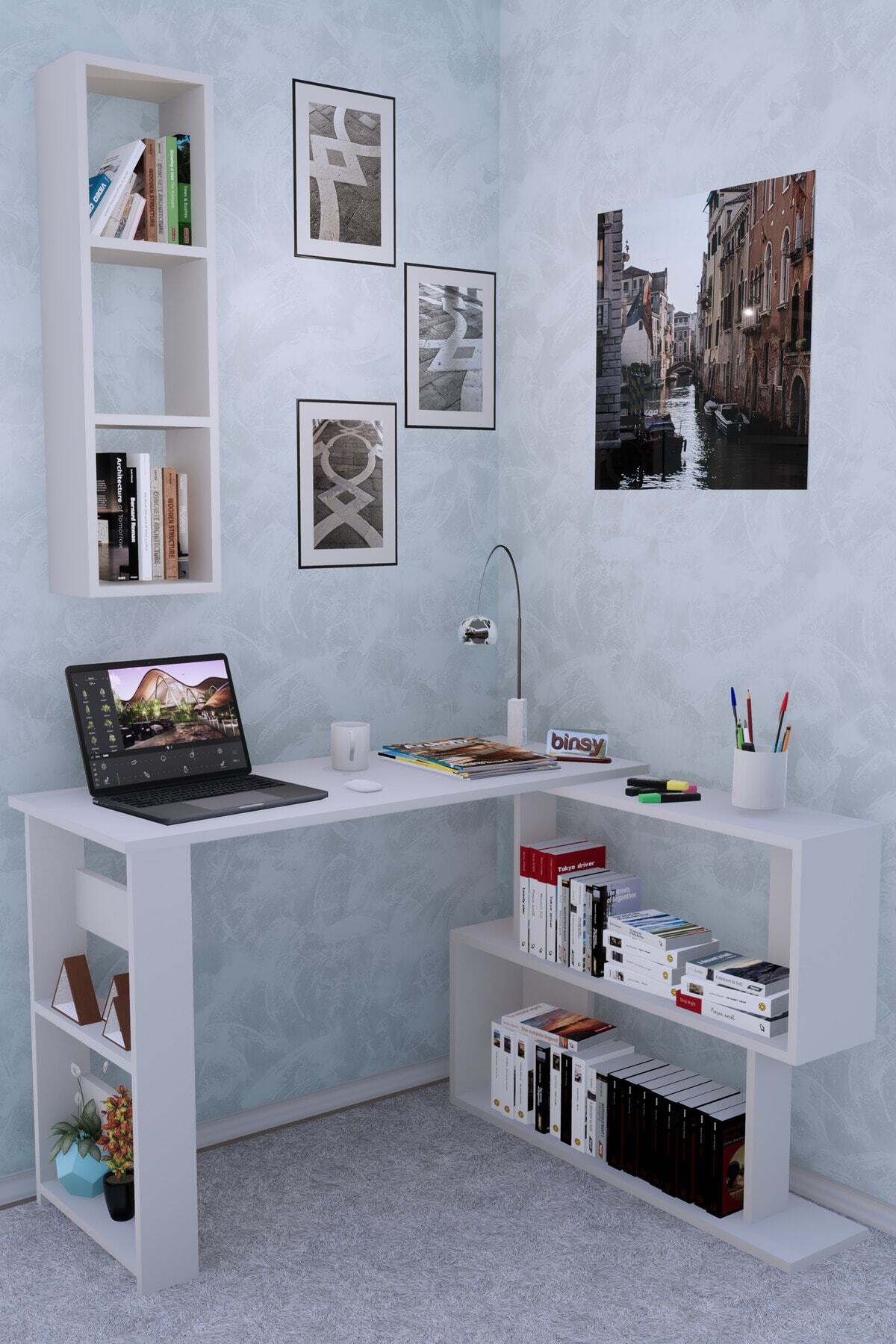 Binsy Sihirli Set Ev Ofis Çalışma Masası Raflı Beyaz